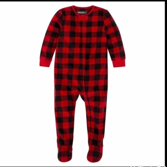♥️5 For $25 NEW Eddie Bauer  Christmas  fleece plaid pajama onsie black and red - Picture 3 of 10